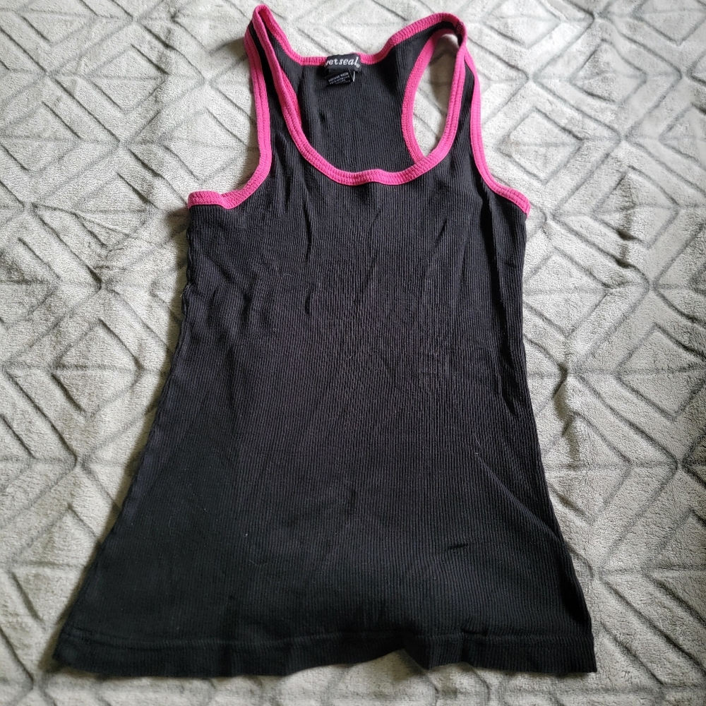 Wet Seal Black & Pink Ribbed Racerback Tank Top Y2k Size M